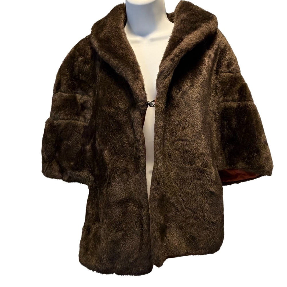 Vintage Faux Fur Capelet Jacket Brown Shawl Collar Bell Sleeves - Picture 3 of 7